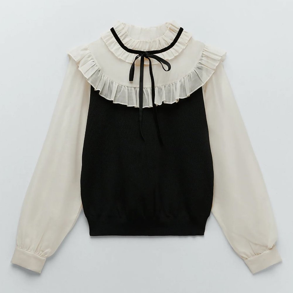 NEW Zara Contrasting Organza Ruffle Sweater Top S - Picture 8 of 11